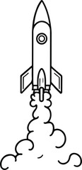 Black bold outline with white background, Minimal single line drawing of rocket launching with smoke trail