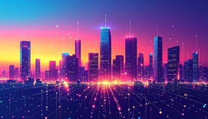Obraz premium A vibrant, futuristic city skyline at sunset, filled with glowing skyscrapers and digital connection lines. The color palette is bright with vivid oranges, pinks, and blues