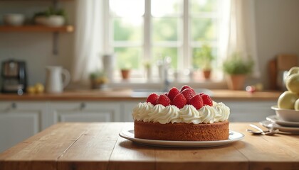 Delicious homemade cake with fresh red raspberries, creamy whipped topping sits on white plate on rustic wooden table. Bright daylight streams through window in cozy home kitchen. Sweet dessert for