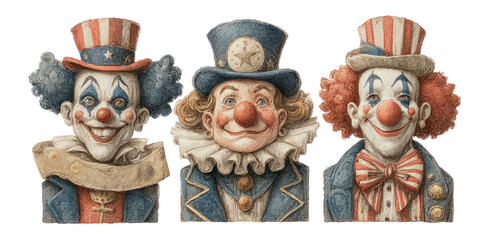 Three Vintage Clowns with Colorful Costumes and Unique Expressions Isolated on Background