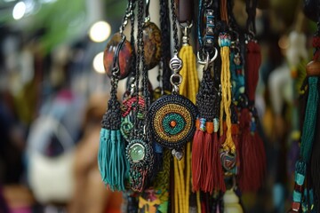 Naklejka premium Colorful handmade jewelry featuring intricate beadwork and vibrant tassels, displayed in a market setting, showcasing craftsmanship and cultural artistry