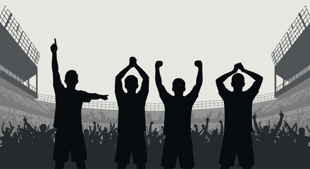 Silhouette crowd cheering with arms raised in a stadium setting, celebrating a victory