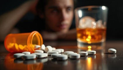 Man sees scattered white pills from orange bottle, glass of brown liquor on dark table. Image drug abuse, alcohol addiction, overdose risk, substance misuse, health danger. Shows mental struggle.