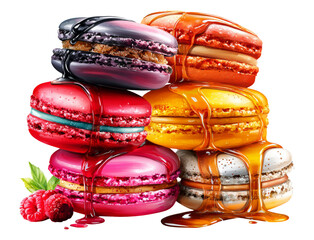Colorful Macarons with Drizzled Sauce on Transparent Background Isolated Image
