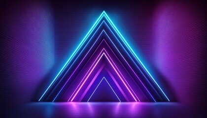 a picture of sharp neon shapes in violet purple and blue lights arrow and triangle styles glowing wall background ai generated
