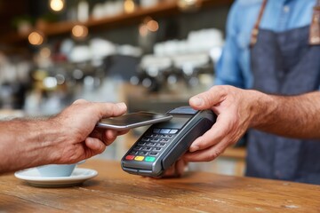 Person using a smartphone to pay with a contactless payment system in a cafe. Modern convenience and effortless purchasing. Contactless technology, digital wallet, mobile banking.