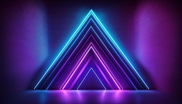 a picture of sharp neon shapes in violet purple and blue lights arrow and triangle styles glowing wall background ai generated - Powered by Adobe
