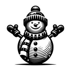 Engraved snowman in hat, scarf and mittens. Vector illustration