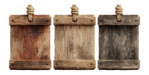 Vintage Wooden Signboards with Rope Hangers on Transparent Background