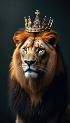 Fototapeta premium Majestic lion wears golden crown. Regal beast has intense gaze. King of jungle displays authority and power. Symbol of strength, leadership, and pride.