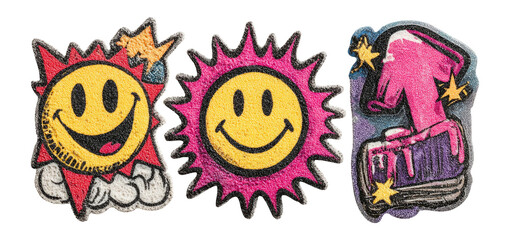 Colorful Smiley Patches with Unique Shapes and Styles on Transparent Background