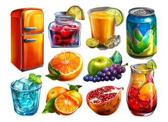 Colorful Collection of Juicy Fruits and Refreshing Beverages in Bright Style