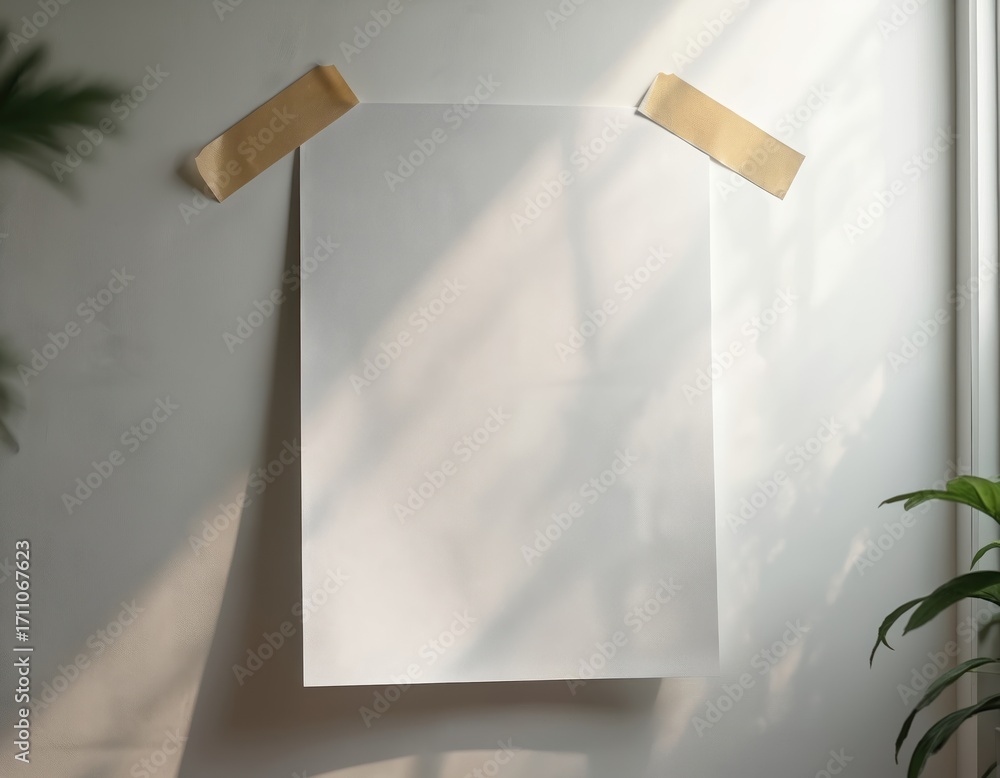 Poster blank white paper sheet hangs on wall secured with tape. shadows cast light patterns. clean template