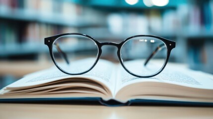 Spectacles on Open Book in Library