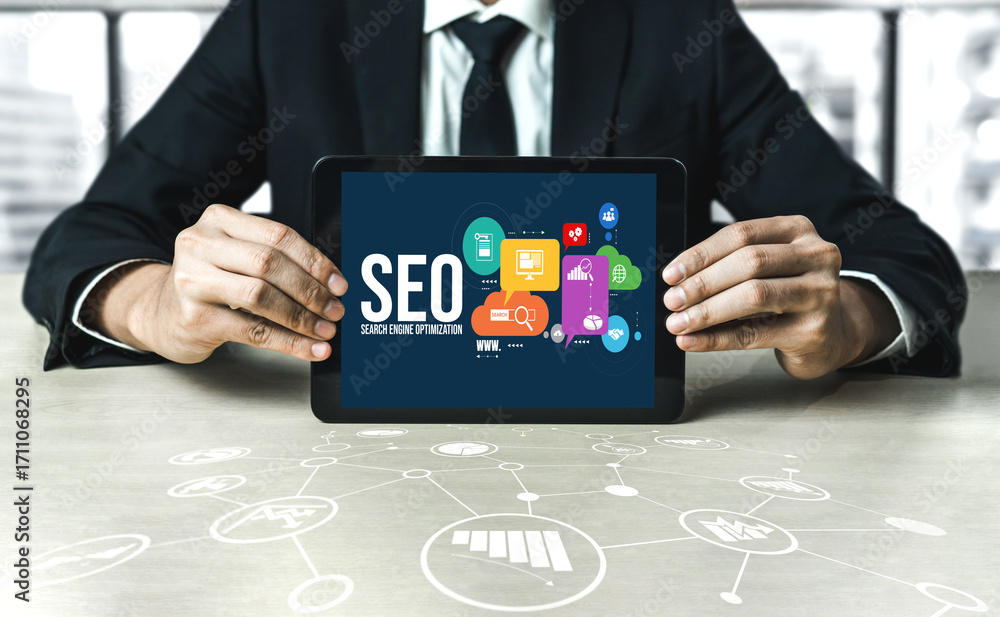 Poster seo search engine optimization for modish e-commerce and online retail business showing on computer 