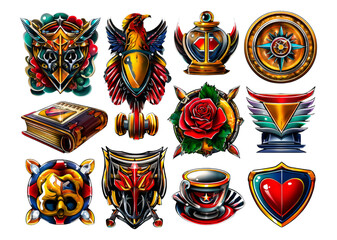 Colorful Vintage Badges and Emblems with Various Art Styles on Transparent Background