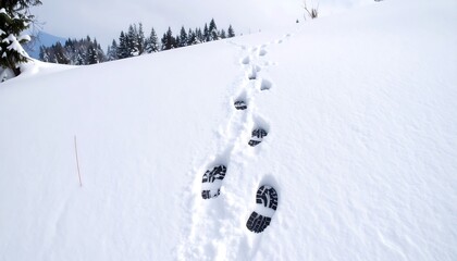 Footprints in fresh snow on a mountain slope