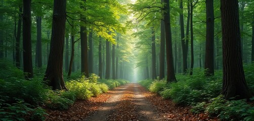 Sunlit forest path lined with tall trees and rich green foliage. A dirt road winds through the dense woodland, covered in fallen leaves, leading into misty haze.