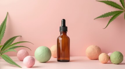 Amber dropper with colorful spheres and cannabis foliage on pink backdrop, soft shadows enhancing form