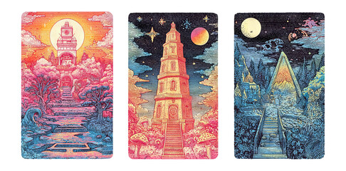 Vibrant Fantasy Landscape Illustrations Featuring Towers, Planets, and Pathways