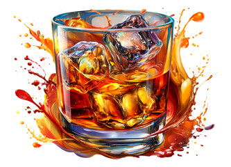 Vibrant Glass of Whiskey with Ice Cubes Splashing in Artistic Style