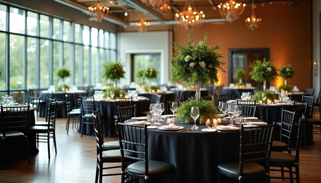 Event hall with round tables dressed in black linen. Tall plants centerpieces with white flowers and candles create a chic ambiance for formal gatherings like weddings or corporate dinners.