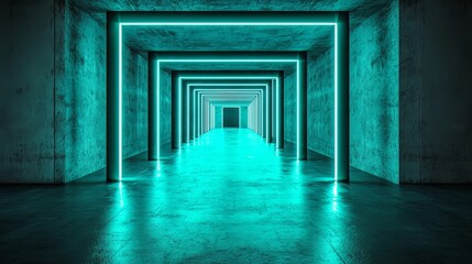 Obraz premium Long, narrow room with neon lights on the ceiling. The room is mostly blue, with some green accents. The lights create a futuristic, almost otherworldly atmosphere