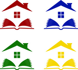 Colorful Home Learning Logos &ndash; House with Open Book Icons for Education and E-Learning