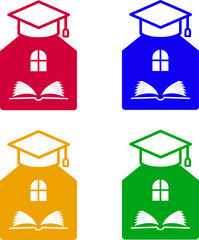 Colorful School Education Logos &ndash; Academic Building with Graduation Cap and Open Book Icons