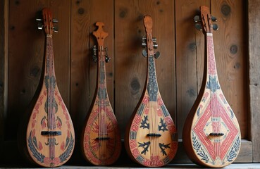 Four traditional Sape instruments with intricate designs on wooden bodies. Sape stringed instrument originating from Borneo. Teardrop shaped body, long neck. Instruments feature colorful floral