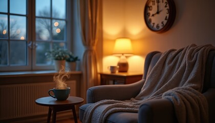 Naklejka premium Cozy home interior, warm light. Hot steaming coffee on small wooden table. Plush armchair with soft blanket. Wall clock above. Window shows dim dusk. Relaxing autumn vibe, extra hour of peaceful rest.