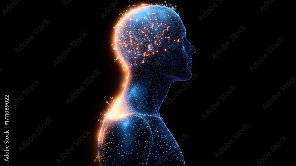 Poster man's head is shown in a blue and orange color scheme. the head is surrounded by a network of stars,