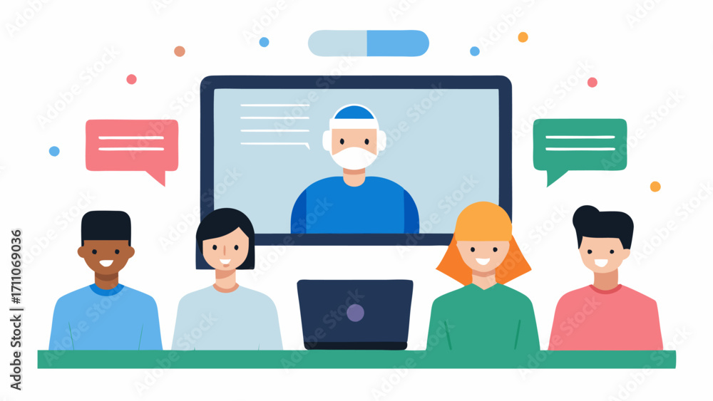 Poster automated captioning service a group of people in a meeting with an overlay of live captions appeari