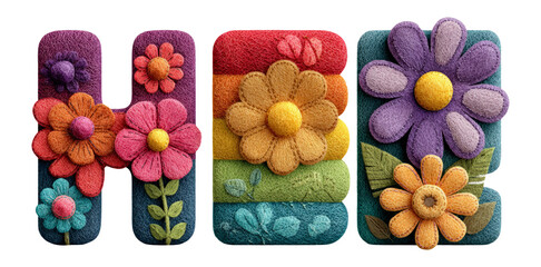 Colorful Floral Text Art in Bright Fabric Textures on Isolated Background