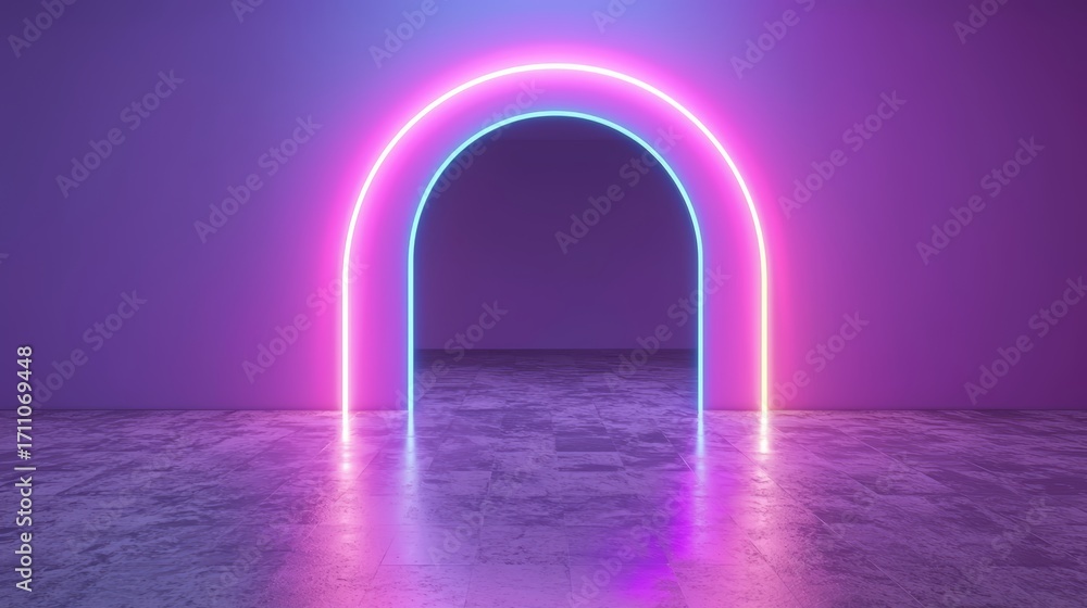 Poster neon colored archway with a purple background. the archway is lit up with neon lights and he is a pa