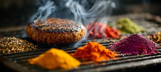 Grilled burger patty with colorful spices on a grill for gourmet food preparation and cooking concept