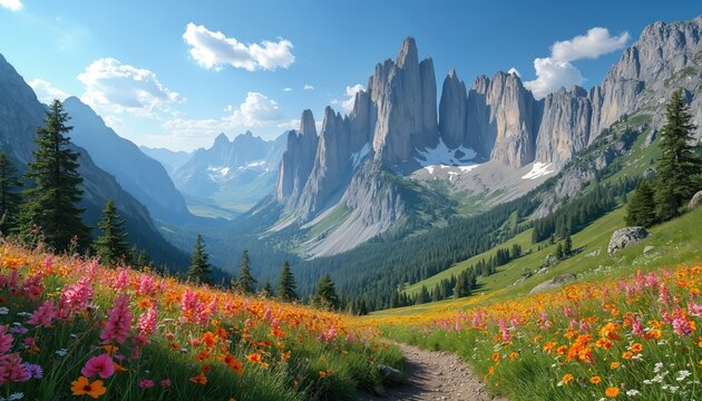 Vibrant mountain meadow with colorful wildflowers and rocky peaks under a clear blue sky. A dirt path winds through the lush green grass and blossoms toward the majestic landscape.