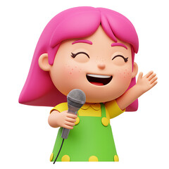 3D illustration of a happy girl singing with a microphone in green overalls