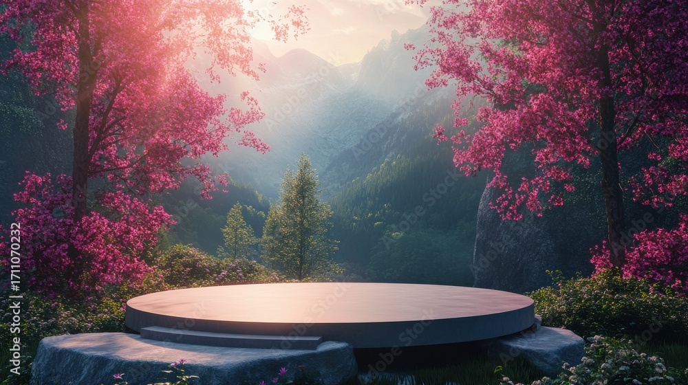 Poster an empty and very minimalistic podium stage into the dense forest