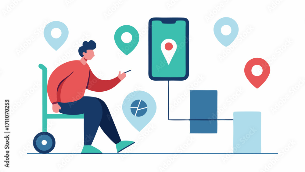 Poster aipowered navigation device an illustration of a user with mobility challenges using a mobile applic