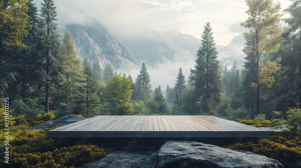 Poster an empty and very minimalistic podium stage into the dense forest