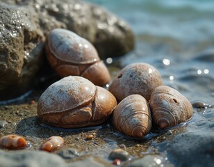Closeup of various brown, white sea shells on wet sand at ocean shore. Water gently washes over natural marine mollusks. Beach gastropod shells lay near rocks in shallow water. Sun shines on ocean