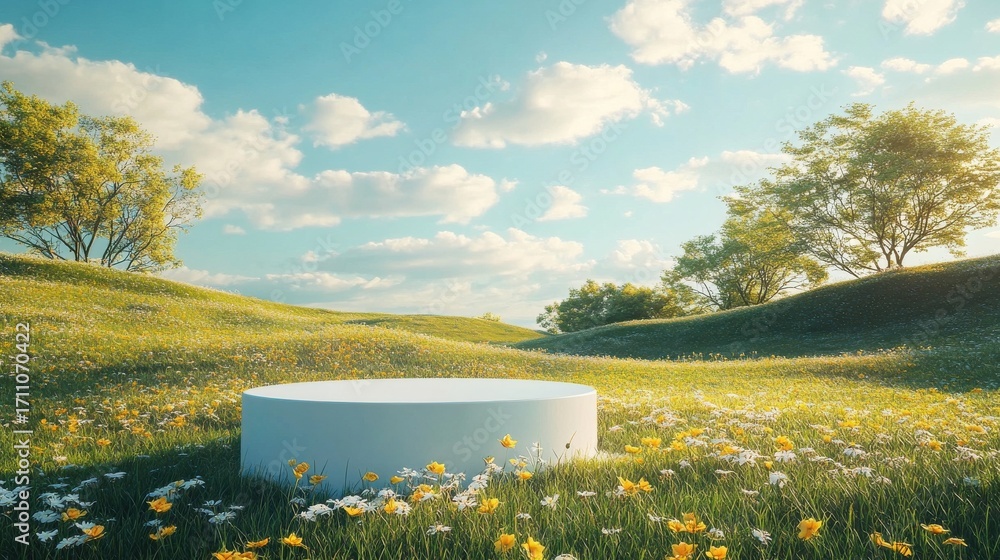 Poster an empty minimalistic podium in the green field