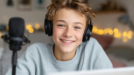 Teen podcast creator in cozy bedroom studio with headphones and microphone setup