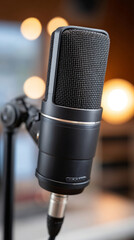 Extreme close-up of microphone as hero object in studio setting for audio production