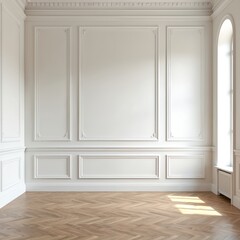 Empty bright room with white wainscoting walls and light parquet floor. Modern interior design with minimalist classic style. Sunlight from window illuminates space in new apartments or building.