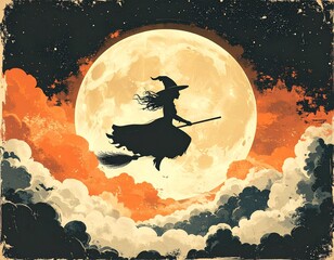 Retro silhouette of witch flying on broomstick across cloudy night sky with glowing full moon, muted orange cream palette, vintage illustration with film grain
