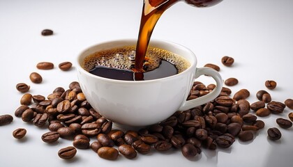 pouring fresh brazilian black coffee into a white cup surrounded by coffee beans pouring a fresh cup brazilian black coffee white background