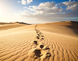Footprints on a desert dune landscape under a partly cloudy sky