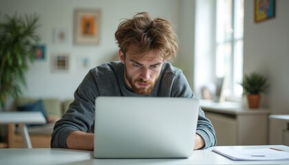 Young bearded man looks stressed working on a laptop. He is in a bright room with messy hair showing frustration and mental pressure. The person struggles with his online task.